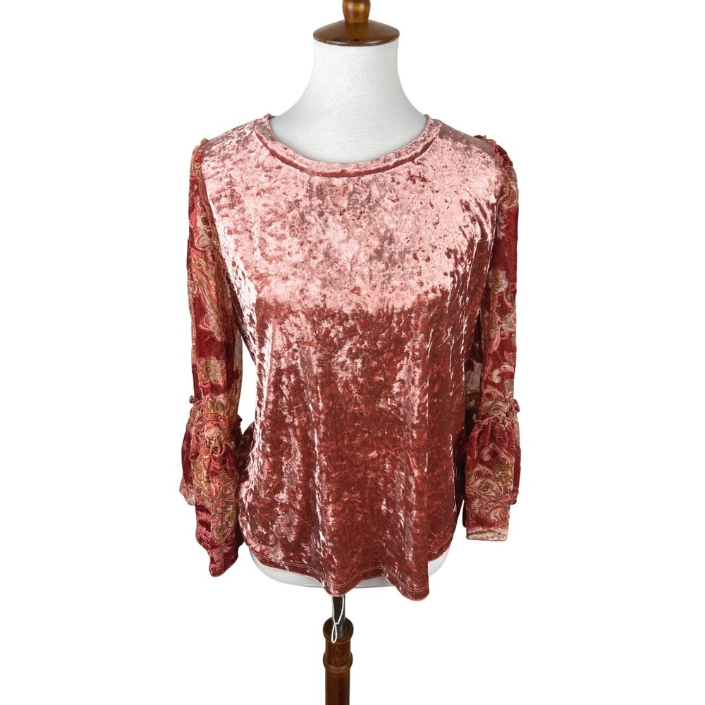 Mystree Rose Crushed Velvet Paisley Bell Sleeve Boho Top Size M